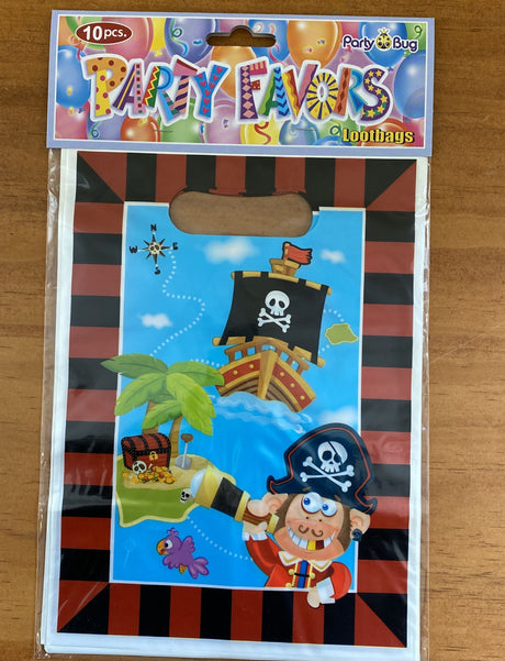 Colorful pirate-themed loot bags in a pack of 10, perfect for parties and treasure hunts for kids.
