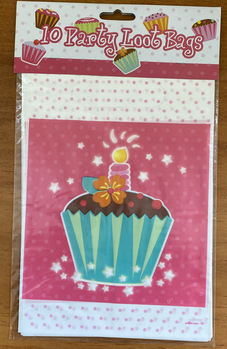 Colorful cupcake loot bags in a pack of 10, perfect for filling with treats and party favors for celebrations.