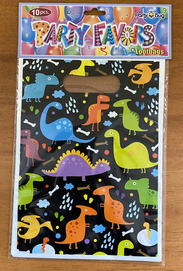 Colorful dinosaur loot bags for kids' parties, pack of 10, perfect for treats and party favors.