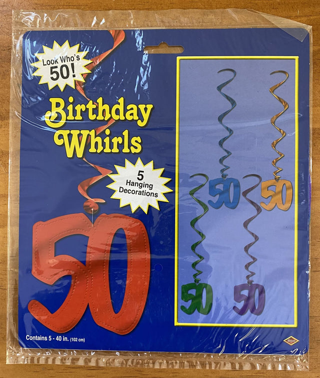 Vibrant 50th birthday decoration swirls featuring sparkling colors, perfect for festive party decor.