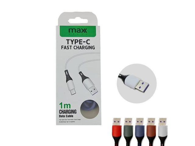 "Max Brand 1m USB to Type C fast charging cable, 60W output, high density braided design, pack of 12 units."
