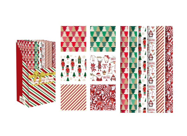 Jumbo Xmas Wrap set with 48 assorted 1m x 5m rolls in vibrant designs for perfect holiday gift wrapping.