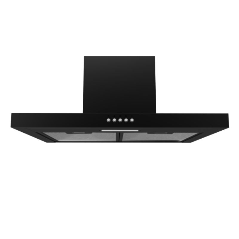 Sleek black Midea T-Shape Rangehood with 3-speed control, LED light, and washable grease filters for efficient kitchen airflow.