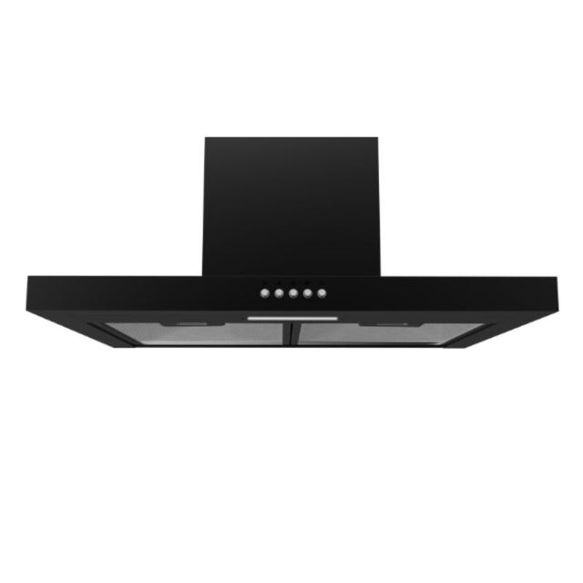 Sleek black Midea T-Shape Rangehood with 3-speed control, LED light, and washable grease filters for efficient kitchen airflow.