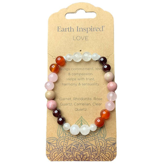 Set of 3 Love 8mm Bead Bracelets featuring Garnet, Rhodonite, Rose Quartz, Carnelian, and Clear Quartz for harmony and compassion.