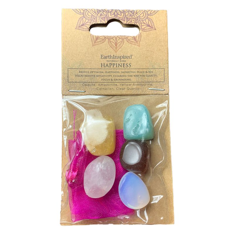 Happiness Wellness Crystal Kit featuring Opalite, Amazonite, Yellow Aventurine, and more for emotional wellbeing and positivity.