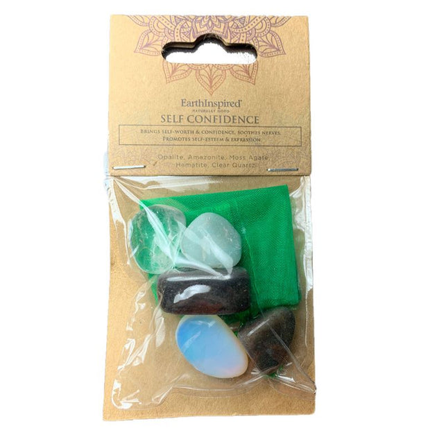 Self Confidence Wellness Crystal Kit featuring Opalite, Amazonite, Moss Agate, Hematite, and Clear Quartz in a chic organza bag.