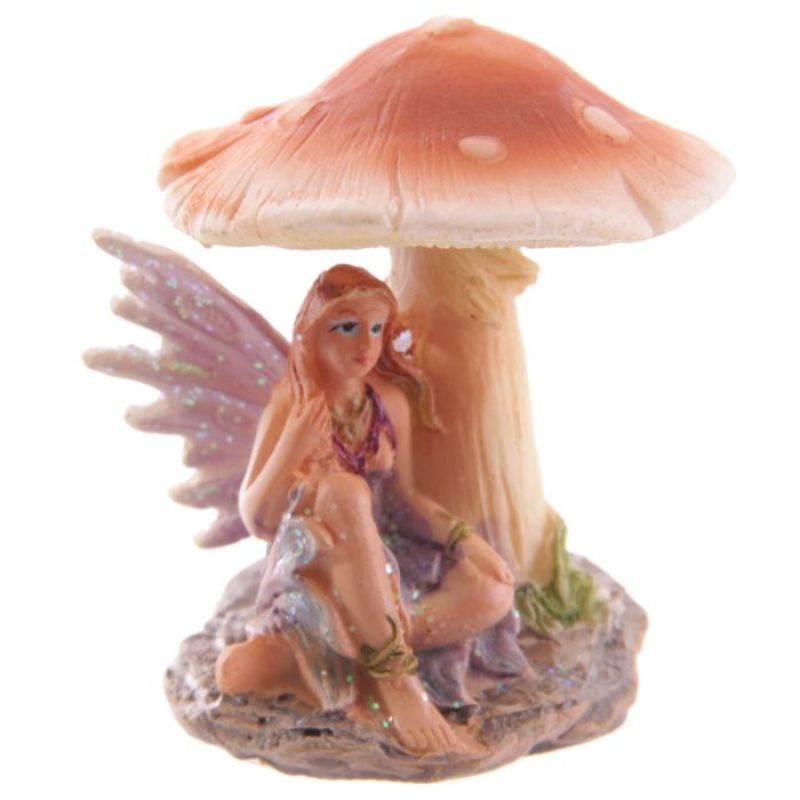 Set of 4 whimsical fairy ornaments resting under mushrooms, perfect for enchanting home and garden decor.