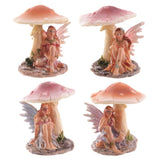 Set of 4 whimsical Flower Fairy ornaments resting under mushrooms, perfect for enchanting home or garden decor.