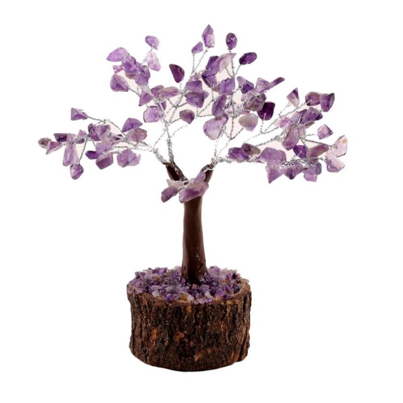 Amethyst Crystal Tree atop a neem wood base, 19cm tall, featuring 100 handcrafted purple gemstones for healing and decor.
