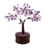 Amethyst Crystal Tree atop a neem wood base, 19cm tall, featuring 100 handcrafted purple gemstones for healing and decor.