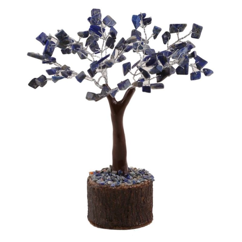 Lapis Lazuli crystal tree with 100 vibrant chips, 19cm tall, resting on a natural neem base for unique decor and spiritual use.