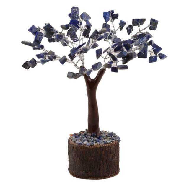 Lapis Lazuli crystal tree with 100 vibrant chips, 19cm tall, resting on a natural neem base for unique decor and spiritual use.