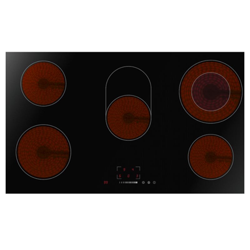 Midea 90cm ceramic cooktop with five burners and touch control, featuring a timer, child safety lock, and sleek design.