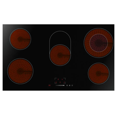 Midea 90cm ceramic cooktop with five burners and touch control, featuring a timer, child safety lock, and sleek design.