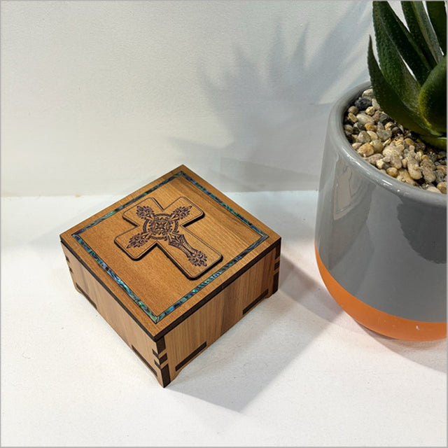 Elegant small square trinket box with Paua inlay, perfect for storing jewelry and keepsakes, crafted from NZ veneer.