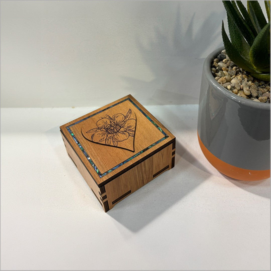 Small square trinket box with heart shape, NZ veneer, Paua inlay, perfect for jewelry storage and home decor.