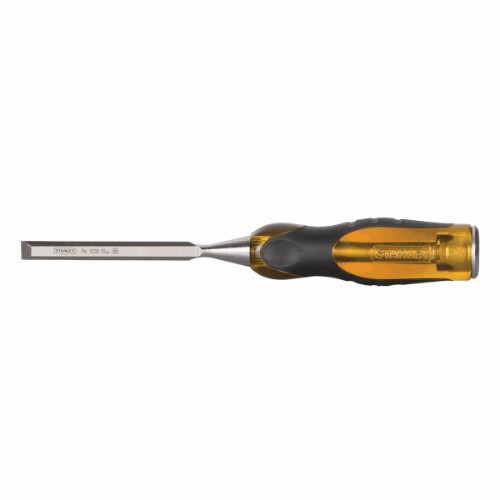 10mm STANLEY chisel with durable EN31 steel blade, ergonomic handle, and steel striking cap for precision woodworking.