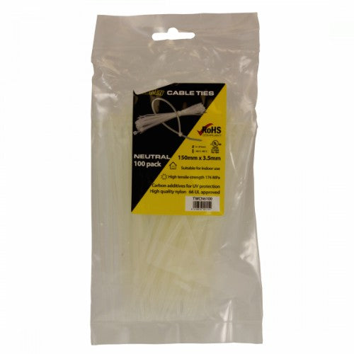 Clear STANWAY cable ties, 150mm x 3.5mm, pack of 25, ideal for organizing cords and cables at home or in the office.