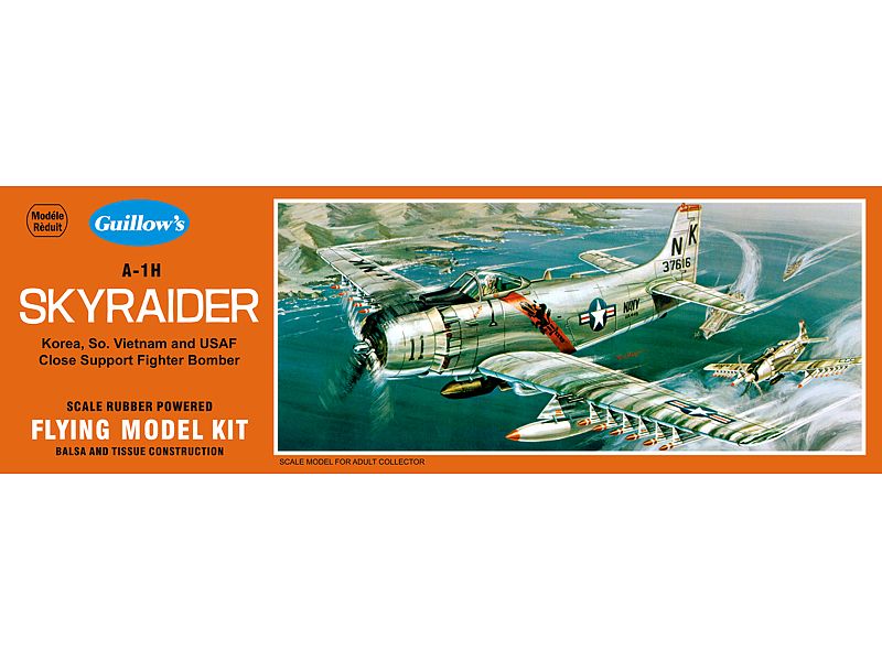 Balsa wood model kit of A-1H Skyraider, 17-inch wingspan, designed for easy assembly by model enthusiasts.