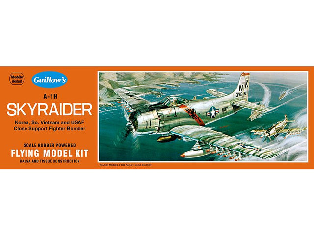 Balsa wood model kit of A-1H Skyraider, 17-inch wingspan, designed for easy assembly by model enthusiasts.