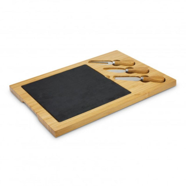 Luxury bamboo cheese board with removable slate insert, includes cheese knives and fork, elegant for entertaining.