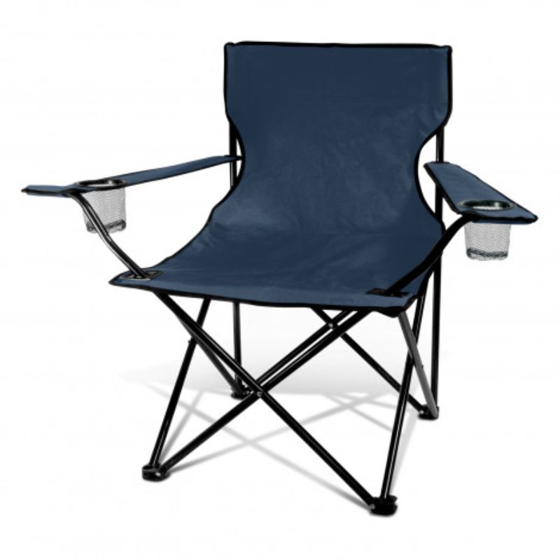 Folding chair in navy with arm rests, mesh drink holders, durable 600D polyester, and sturdy steel frame for outdoor use.