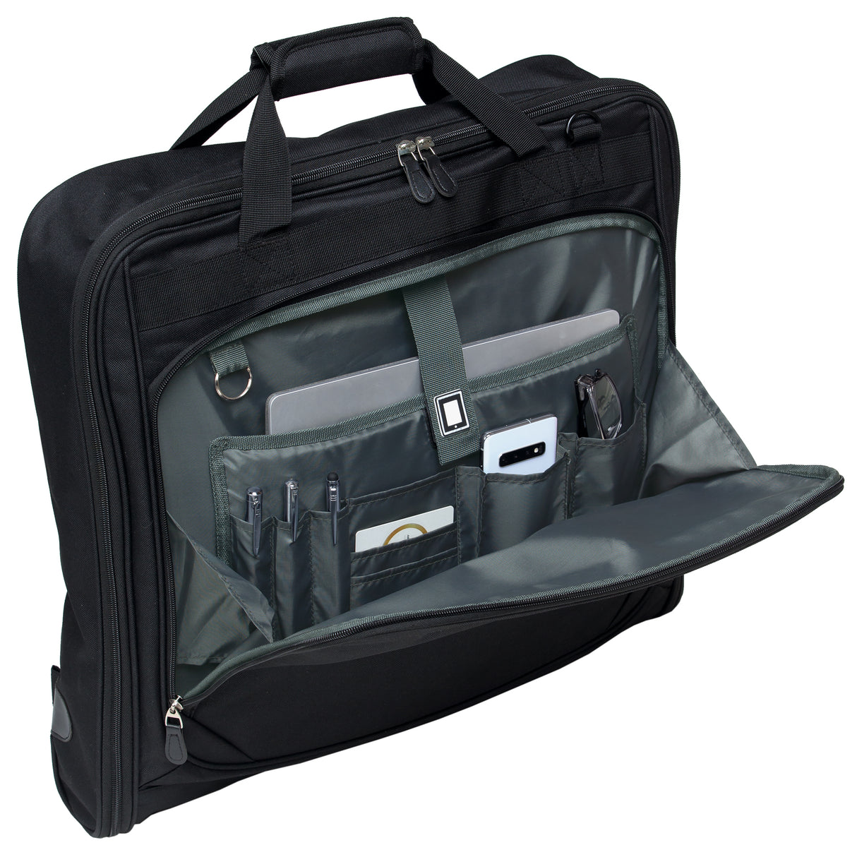 Travel Garment Bag designed for organized packing, fits up to three suits, includes pouches for accessories, and has a laptop compartment.