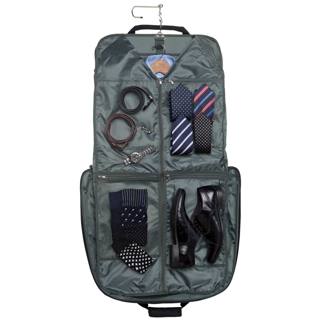 Travel Garment Bag with interior hanger, secure cover, and multiple pouches for organized, wrinkle-free travel.