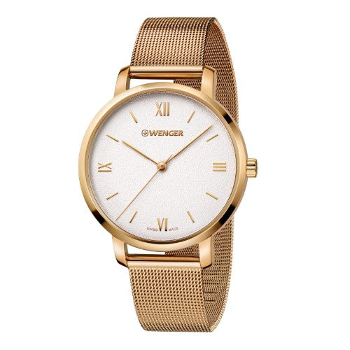 Watch - WENGER Metro Donnissima 38mm White/Gold Dial Mesh Strap