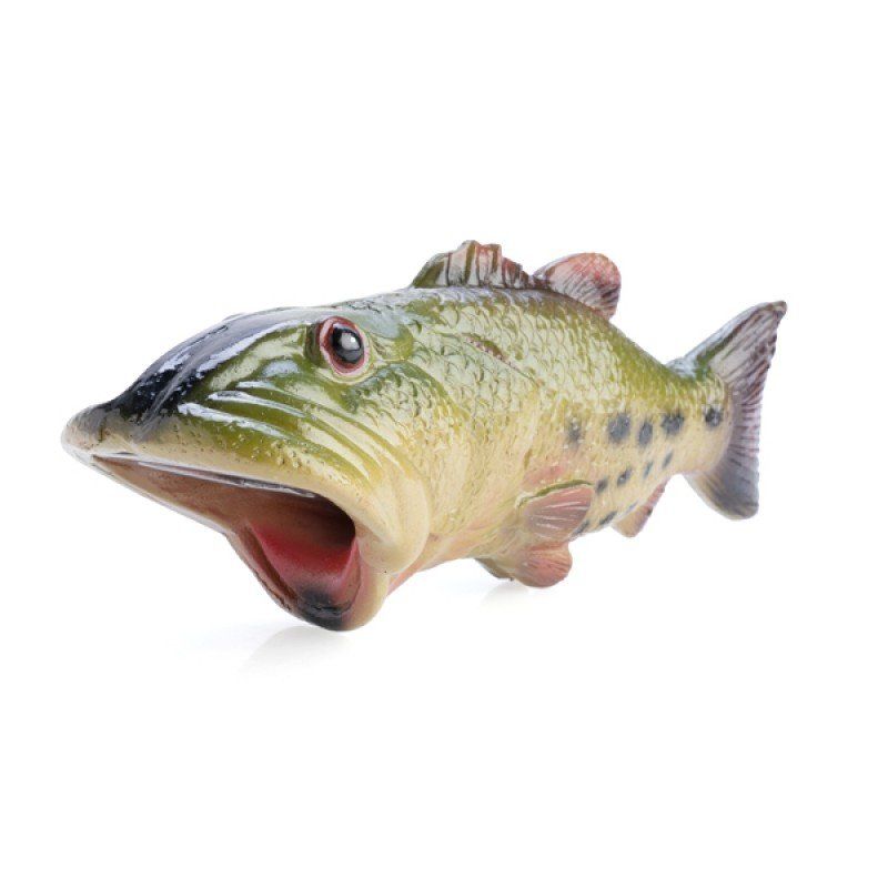 Bass fish-shaped bottle opener made of durable polyresin, perfect for fishing enthusiasts and casual drinkers, 13.5cm long.