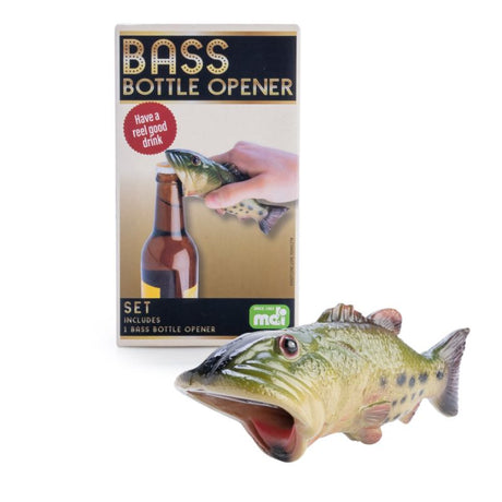 Bass fish-shaped bottle opener in sturdy polyresin, 13.5 cm, perfect for fishing fans and casual drinkers.