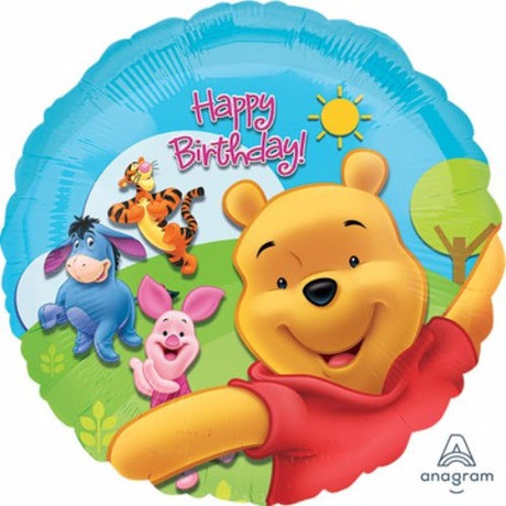 Vibrant 45cm Winnie the Pooh balloon featuring Pooh, Piglet, and Tigger, perfect for children's birthday celebrations.