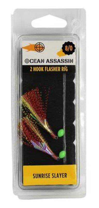 High-visibility flasher rig with 8/0 hook, designed to attract tuna, marlin, and snapper during deep-sea fishing.