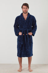 Navy large men's bathrobe by Baksana with shawl collar, two pockets, and waist tie, made from 100% polyester.