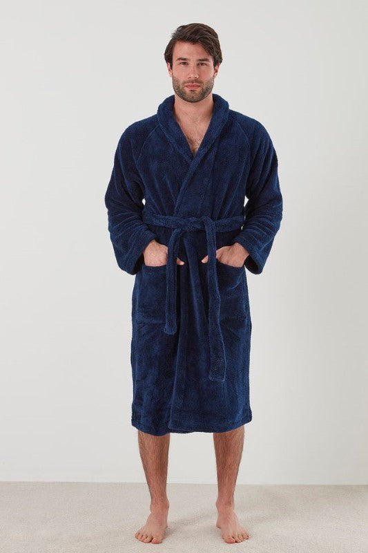 Navy bathrobe for men with shawl collar, two pockets, waist tie, and made from 100% polyester, size small.