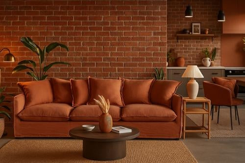 Oasis Washed Linen Dream Sofa Right Rust 100% Belgian Linen