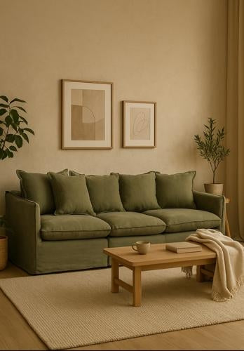 Oasis Washed Linen Dream Sofa Right Olive 100% Belgian Linen