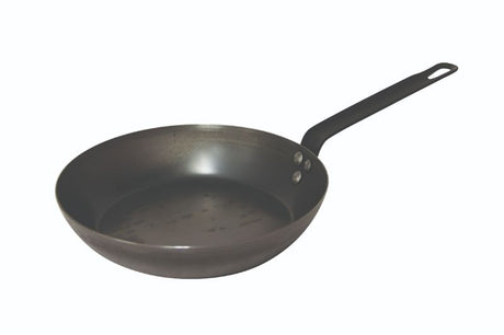 20cm Pyrolux Industry Blue Steel Frypan, durable and versatile for high-temperature cooking; requires seasoning for a natural non-stick surface.