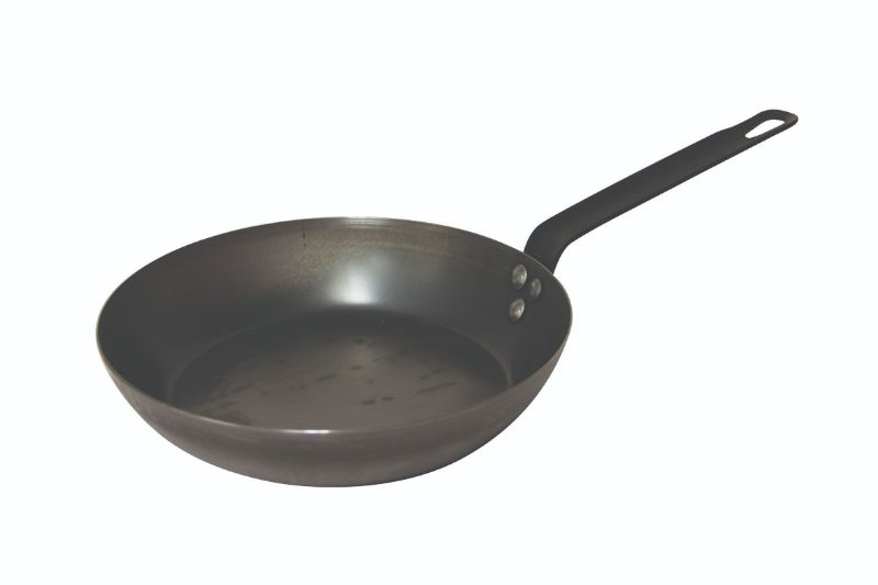 28cm Pyrolux Industry Blue Steel Frypan, durable and versatile for high-temperature cooking, requires seasoning for non-stick surface.