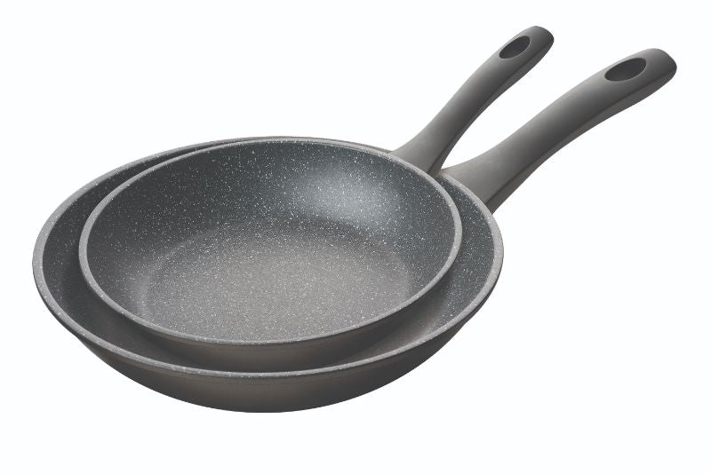 Set of two Pyrolux Pyrostone frypans (20cm and 28cm) with non-stick coating, ergonomic handles, and suitable for all heat sources.