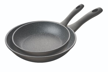 Two-piece Pyrolux Pyrostone frypan set (24cm and 30cm) with non-stick surface, durable forged aluminum, and ergonomic handles.