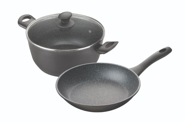 Pyrolux 2pc Cookware Set includes a 26cm frypan and casserole with non-stick coating, ergonomic handles, and oven-safe up to 180°C.