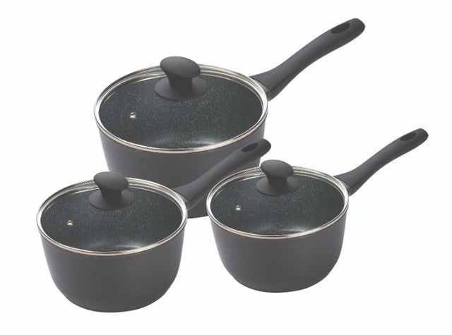 Pyrolux Pyrostone saucepan set in black, includes 16cm, 18cm, and 20cm pans with non-stick coating and tempered glass lids.