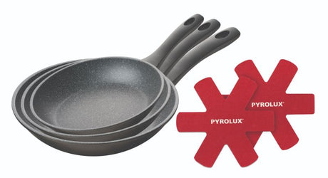 Non-stick frypan set (20cm, 26cm, 30cm) with ergonomic handles and felt protectors for safe storage and cooking.