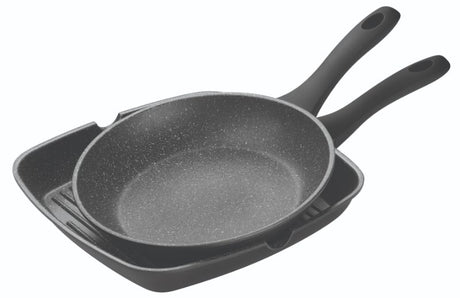 Set of 2 Pyrolux Pyrostone pans: 26cm frypan and 28cm grill pan, PFOA-free non-stick, ergonomic handle, durable and versatile.