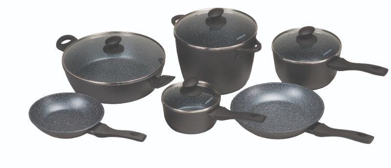 6-piece Pyrolux Pyrostone cookware set in speckled stone finish, featuring frying pans, saucepans, stockpot, and chef’s pan.