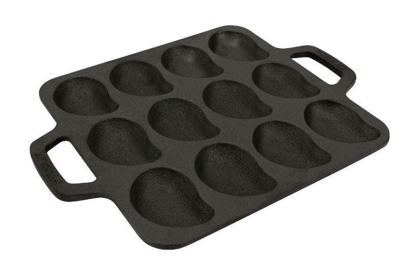 Cast iron oyster tray with 12 indentations for grilling and cooking oysters, perfect for any kitchen or outdoor gathering.