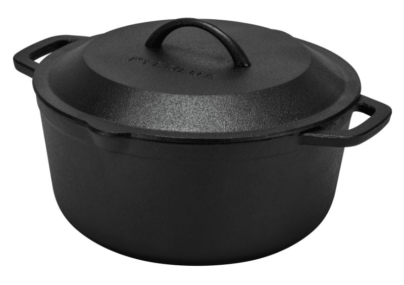 28cm Pyrolux Pyrocast Casserole pot, pre-seasoned cast iron for even cooking, compatible with all hob types and perfect for outdoor use.