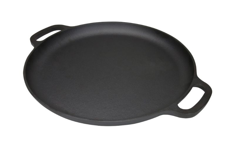 Durable 35cm Pyrolux Pyrocast pizza pan in stylish black finish, ideal for homemade pizzas and various cooking methods.